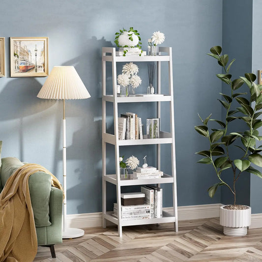 Bookshelf, 5 Tier Ladder Bookcase With Bamboo Frame, Freestanding Tall Narrow Display Plant Shelf For Living Room, Kitchen,
