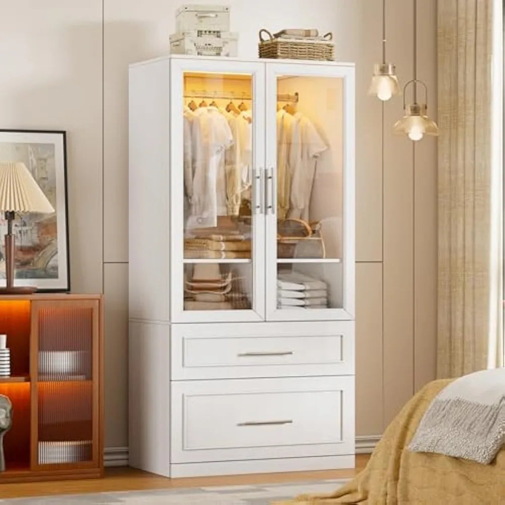 Wardrobe, 71" Tall Farmhouse 2 Doors Armoire Wardrobe Closet with 2 Drawers and LED, Wooden Armoire Storage Cabinet