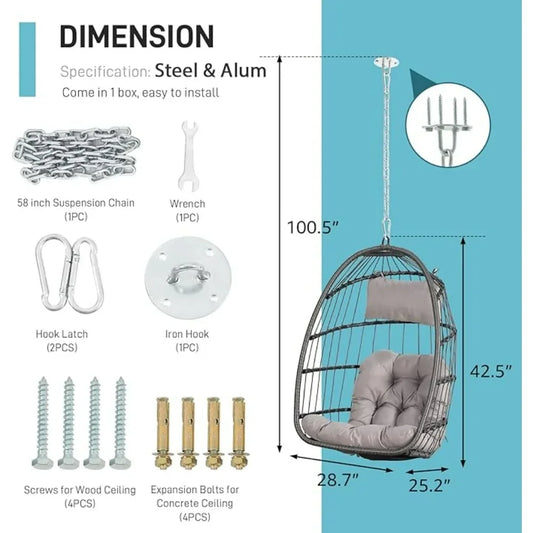 Patiorama Indoor Outdoor Egg Swing Chair Without Stand,Patio Grey Wicker Rattan Hanging Chair,Swing