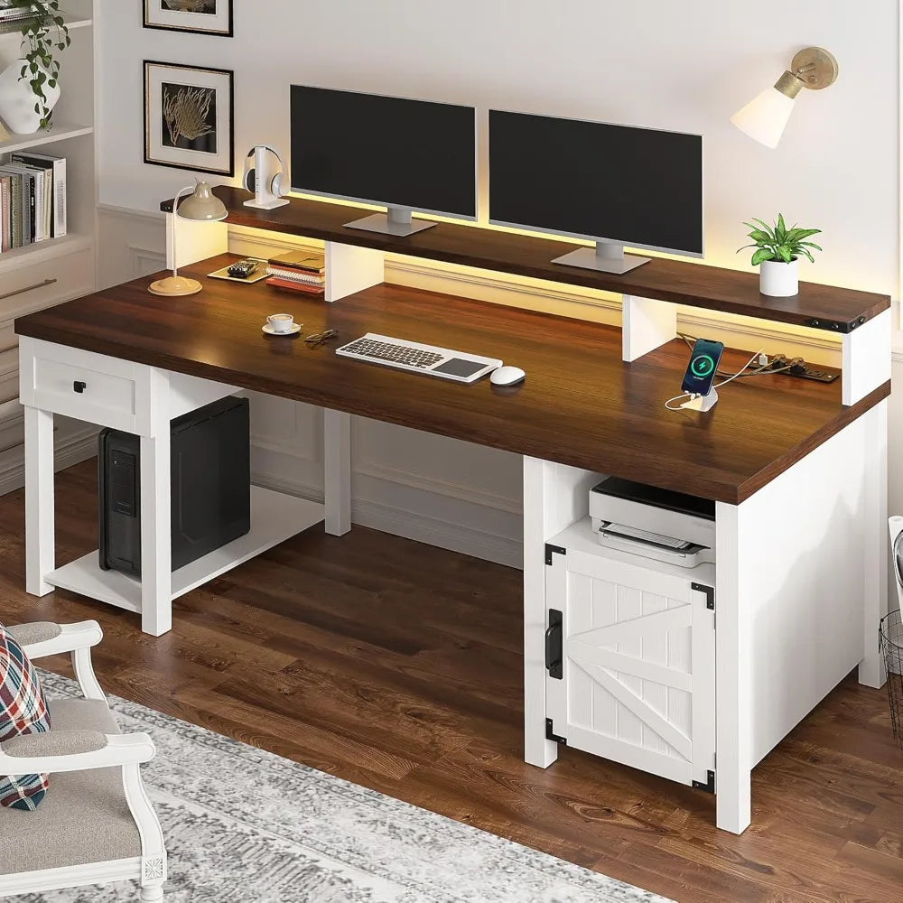 55" Office Desk with Drawers,Farmhouse Desk with Power Outlets Reversible Computer Desk Long Monitor Stand Large Home Office