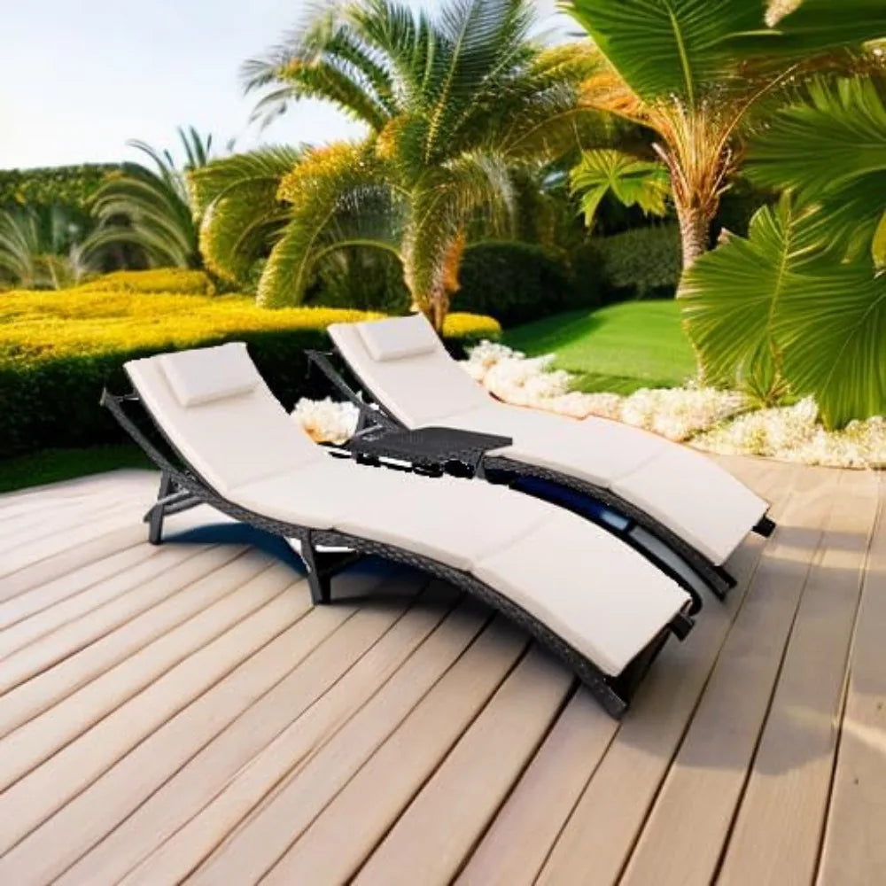 Patio Chaise Lounge Sets Outdoor Rattan Adjustable Back Cushioned Patio Folding Chaise Lounge with Folding Table