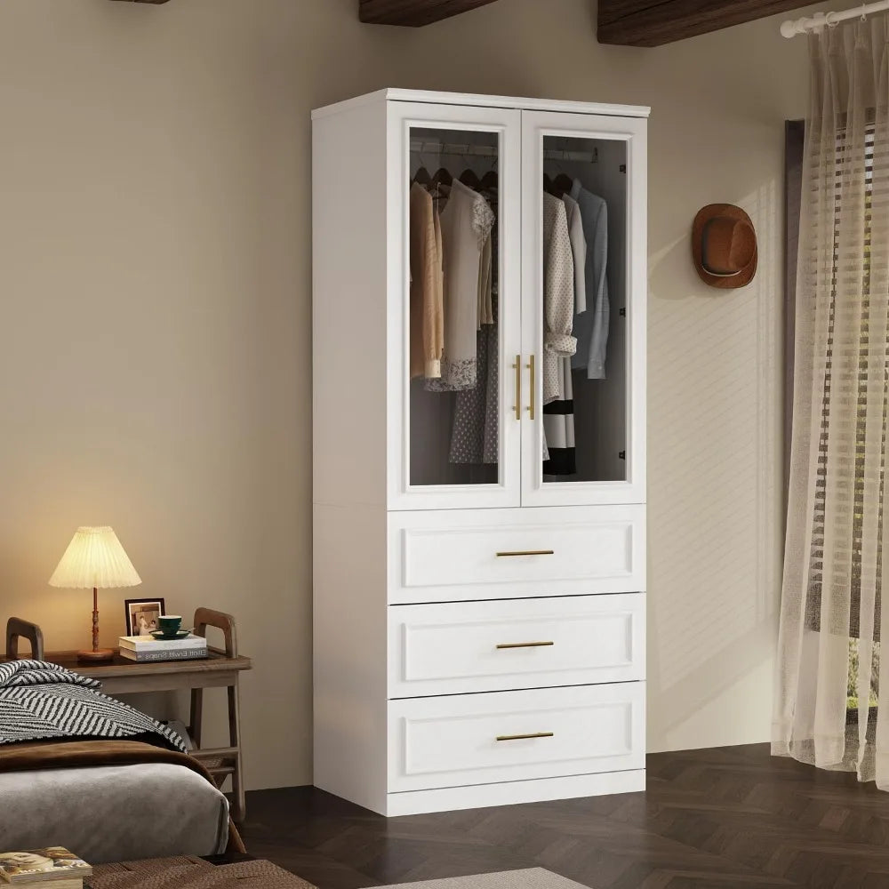 3 Framed Drawers & 2 Glass Doors, Modern Wooden Armoire, Clothes Storage Cabinet Organizer for Bedroom Apartment, White