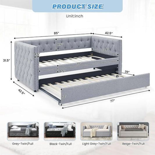 Linen Upholstered Twin Daybed with Trundle and Tufted Button Sofa Frame, No Box Spring Needed - For Bedroom, Living Room, Guest