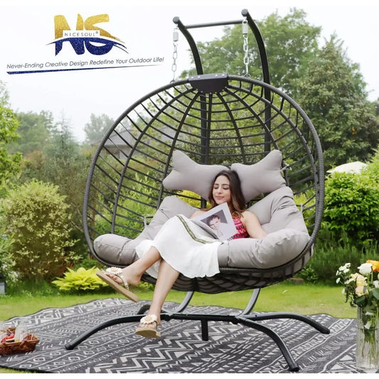2 Person Double Egg Chair Outdoor Patio Wicker Loveseat Hanging Chair Swing Egg Chairs with Beige Cushions Double Seats