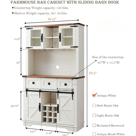 72" Farmhosue Bar Cabinet with Sliding Barn Door, Large Kitchen Buffet with Hutch w/Wine & Glasses Rack, 3 Drawers, 12 Stora