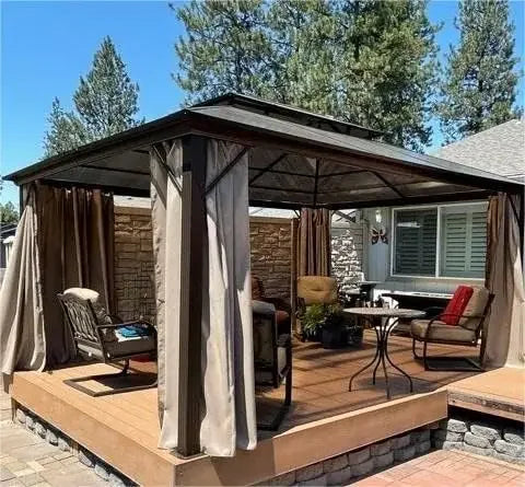 10'x13' Hardtop Gazebo, Outdoor Polycarbonate Double Roof Canopy, Aluminum Frame Permanent Pavilion with Curtains and Netting