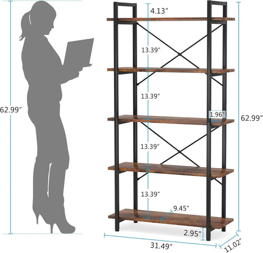 5 Tier Bookshelf, Industrial Etagere Bookcase With Metal Frame, Rustic Tall Book Shelf Unit For Living Room, Study, Home Office
