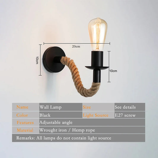 Retro Hemp Rope Wall Lamps E27 Iron Indoor Lamp Holder For Aisle Entrance Corridor Bedside Light AC90-265V Decoration Fixture