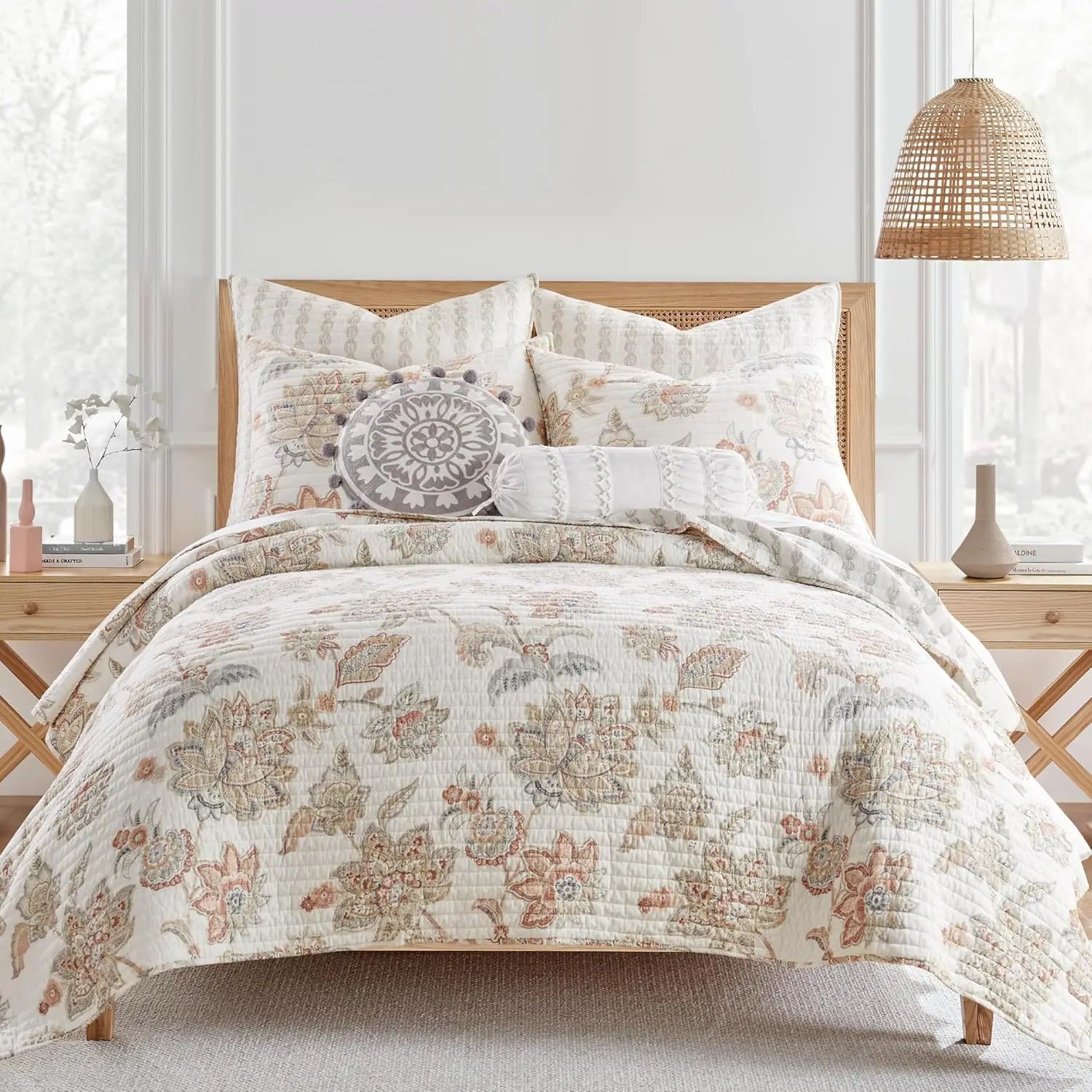 - Selesta Blush Quilt Set - King Quilt And Two King Shams - Floral - Blush Taupe Grey - Quilt (106X92In.) And Shams (20X36In.)