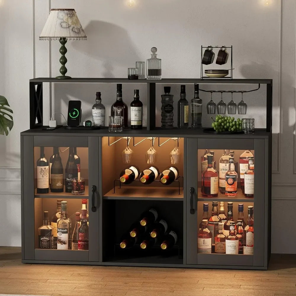Bar Cabinet with LED Light, Liquor Cabinet with Power Outlets & Glass Holder, Wine Cabinet with Storage, Liquor Bar Cabinet
