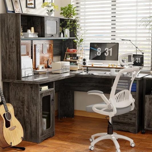 60" Office Desk with Drawers & Hutch, Large L Shaped Computer Desk with Power Outlet & LED Lights, File Cabinets，Corner Desk