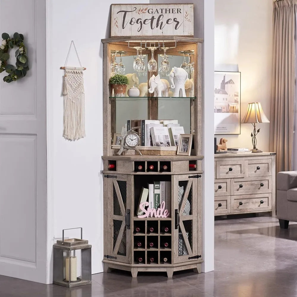 Corner Bar Storage Cabinet, 72" Tall Farmhouse Wine Cabinet w/Barn Door & Adjustable Shelf, Home Bar w/LED Light & Glass Rack f