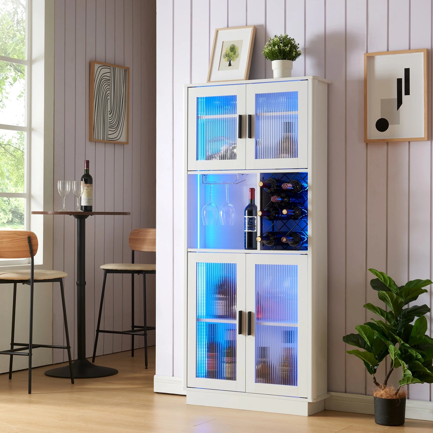 Wine Bar Cabinet With Glass Door LED Lights Storage Shelf Freestanding LED Wine Bar Cabinets For Home Kitchen Dining Room