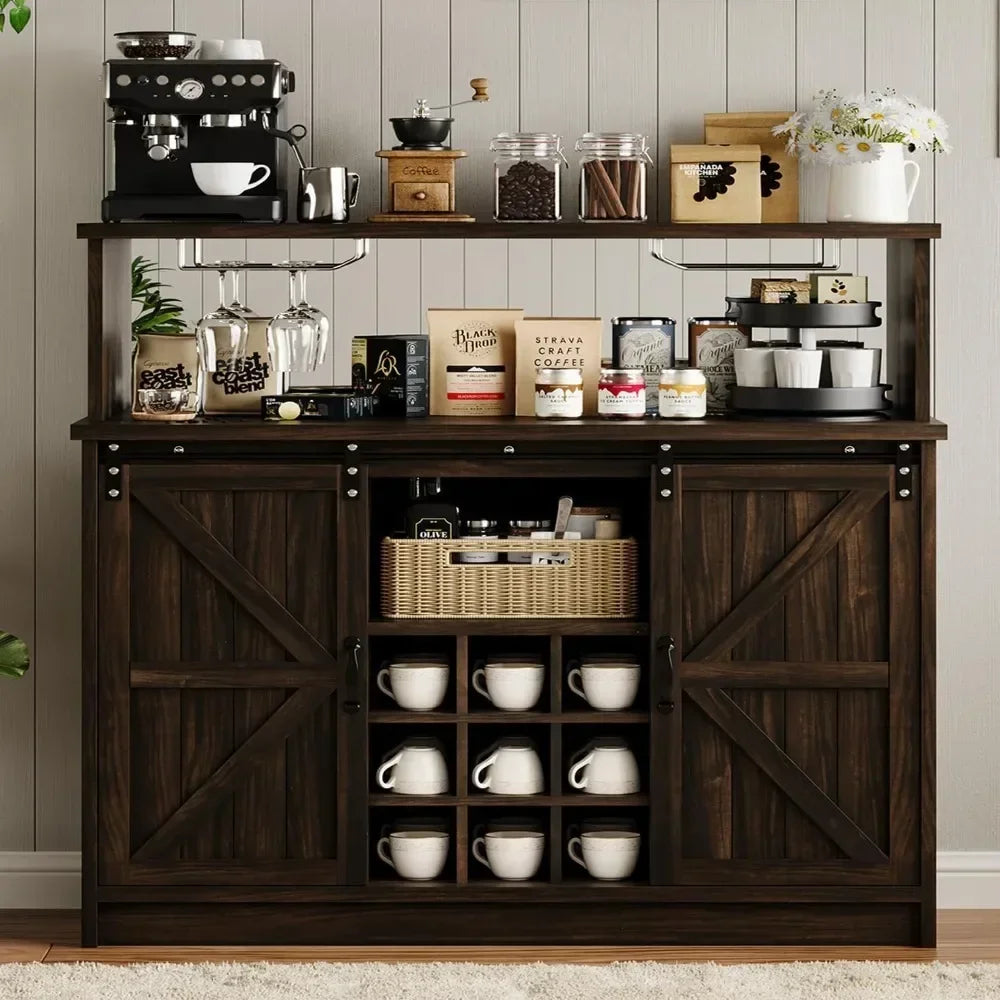 Bar Cabinet, 47” Buffet Sideboard with 4 Glass Hooks & 9 Wine Racks, Coffee Bar Cabinet with Sliding Barn Door Bar Cabinet