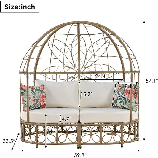 Wicker Patio Daybed with Curtain, Outdoor Sunbed with Colorful Pillows for Patio, Backyard, Poolside, Floral Pattern