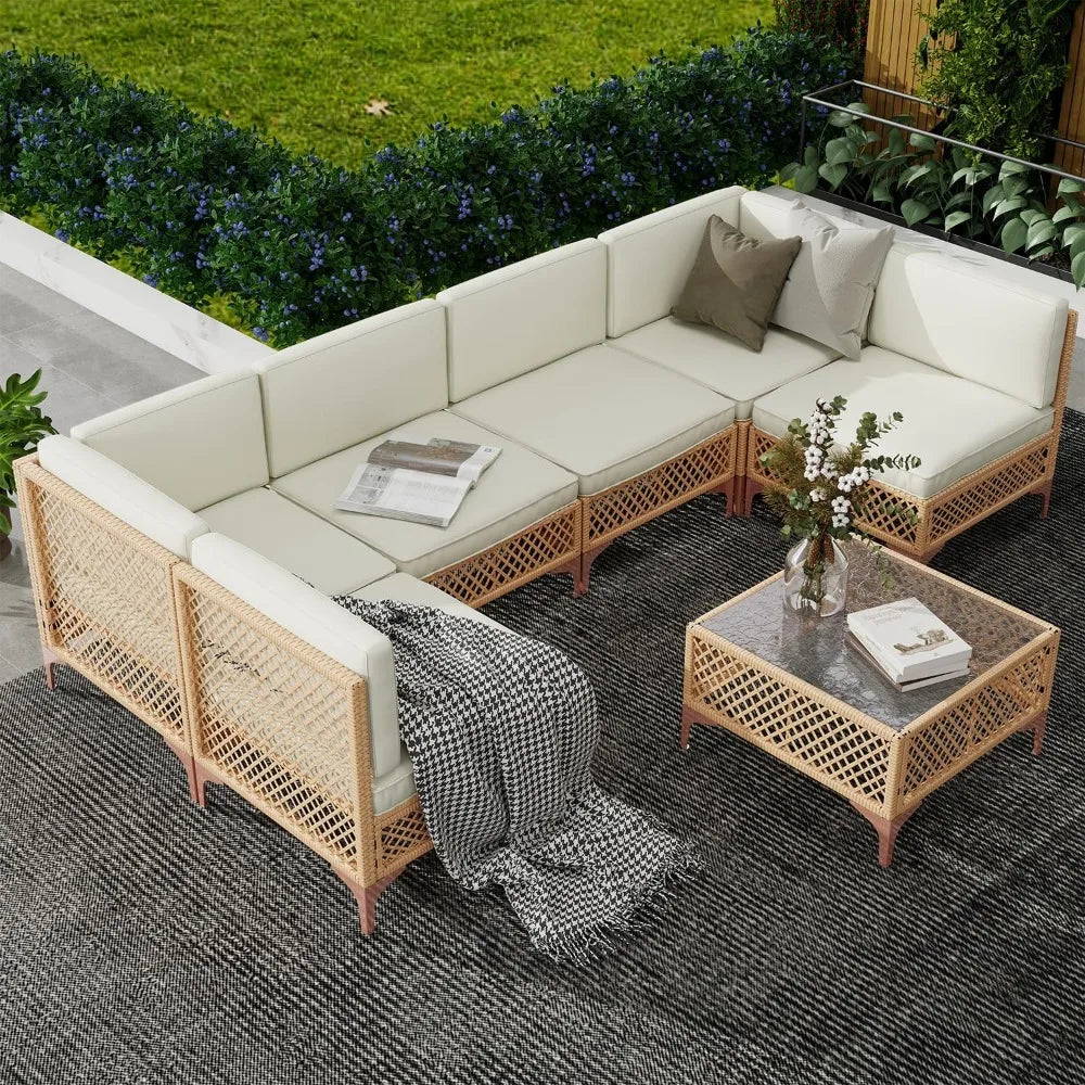 7 Piece Outdoor Patio Furniture Set, Boho Outdoor Patio Sectional Set, with Coffee Glass Table Backyard Garden Furniture Sets