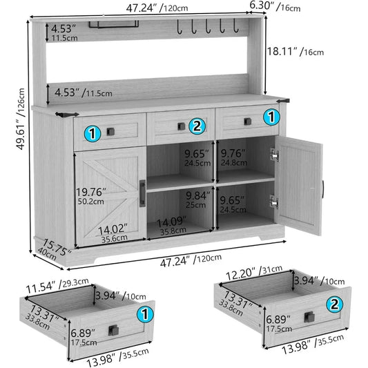 Farmhouse Bar Cabinet with Hutch, Kitchen Buffet Cabinet with Storage Cabinet & 3 Sliding Drawers, Adjustable Shelf