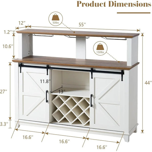 Sideboard Buffet Cabinet with Storage, 55" Farmhouse Coffee Wine Bar Cabinet with LED Light, Barn Doors Storage Cabinet for Home