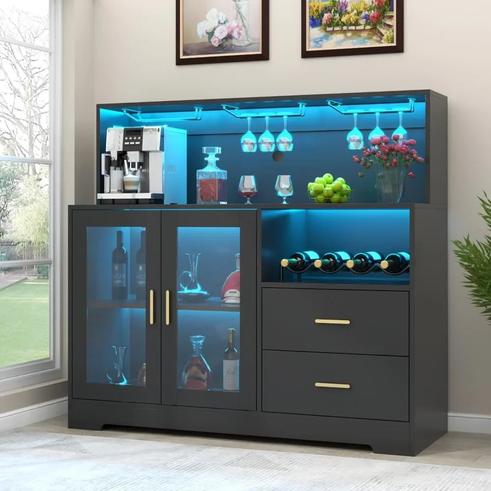 Bar Cabinet with LED Lights, Home Coffee Cabinet with Wine and Glass Rack, Kitchen Buffet Cabinet