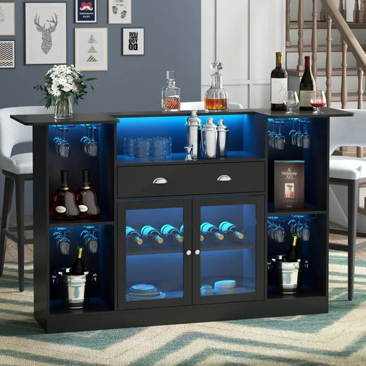 Bar Table Cabinet with Drawer, Mini Liquor Bar with 8-Tier Storage & Stemware Holder,  Wine with Glass Door