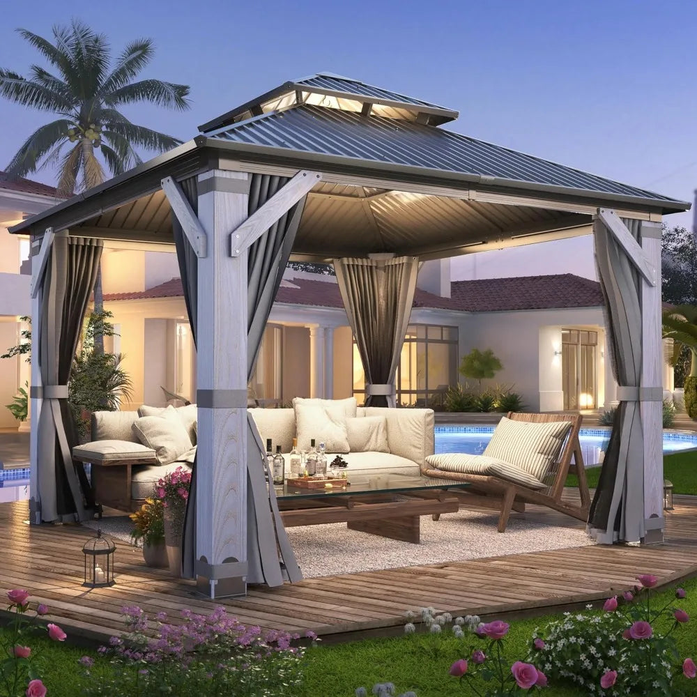 10x10FT Hardtop Wood Gazebo, Outdoor Gazebo with Cedar Wooden Pillar & Double Metal Roof - Weather-Resistant Gazebos Pavilion fo