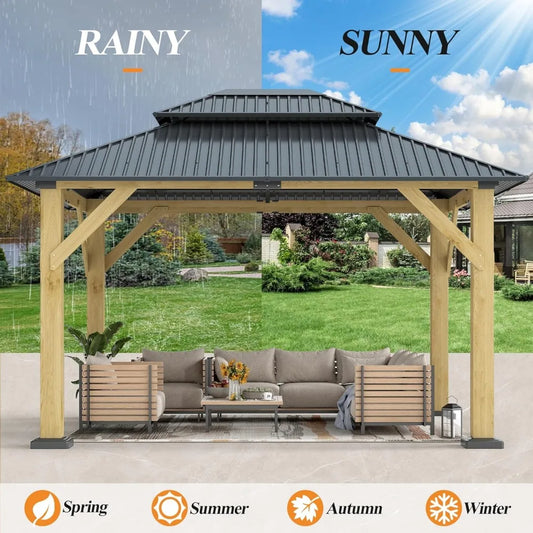 10' x 12' Outdoor Wooden Gazebo - Patio Hardtop Gazebo Permanent Wooden Pavilion with Galvanized Steel Double Roof, Cedar Wood G