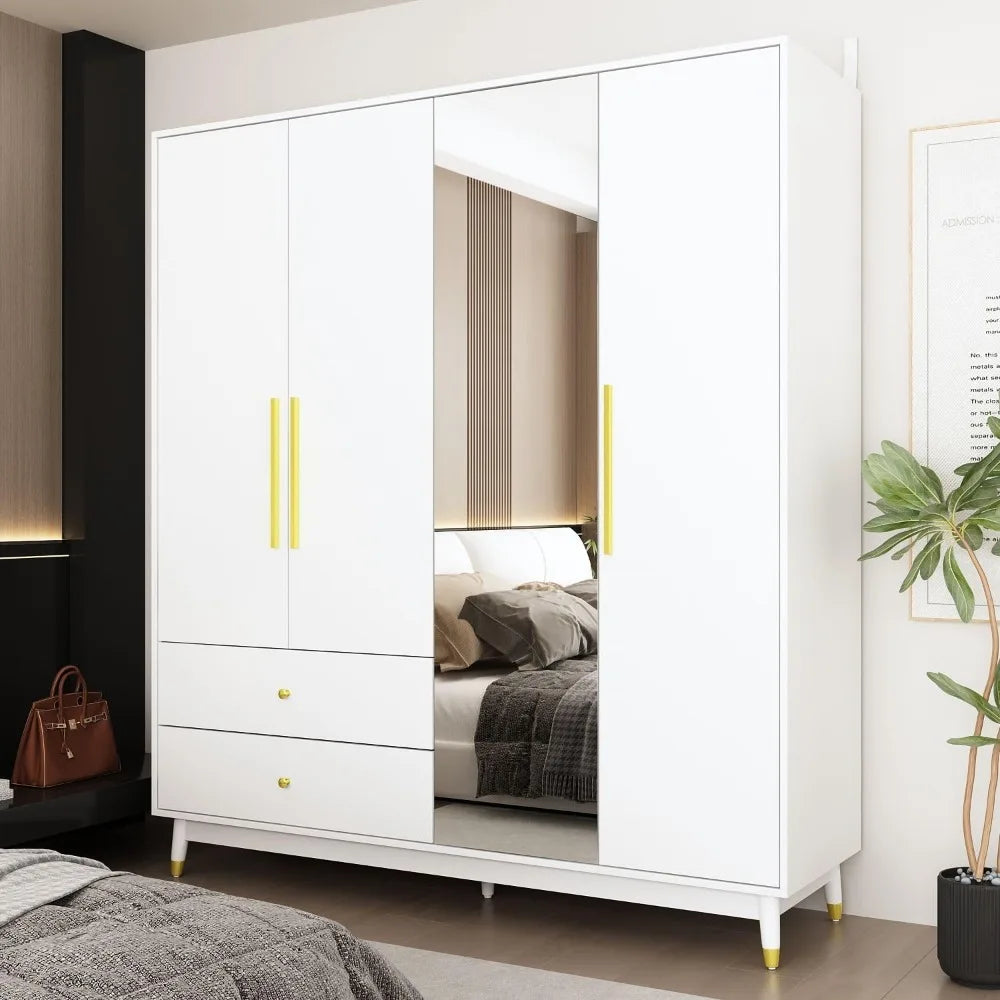 4-Door Wardrobe with Mirror & 2 Drawers, Armoire Wardrobe Closet with 2 Hanging Rods, Armoire Closet with Wooden Legs, Closet
