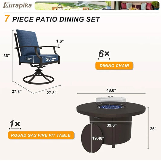 7 Piece Metal Outdoor Patio Furniture Set with Round Fire Pit Table, Patio Conversation Sets, Garden Furniture Sets