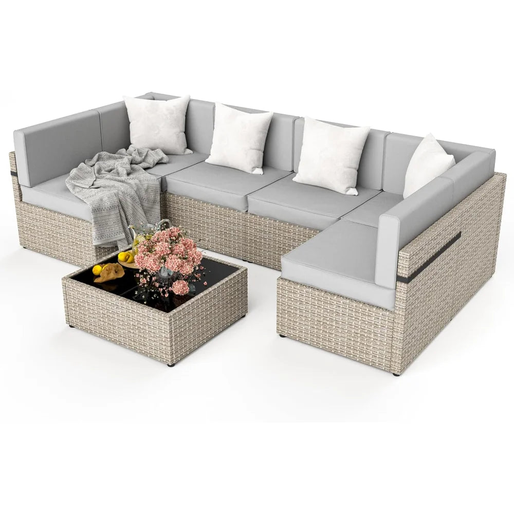 Patio Furniture Set,7 Pieces ModularOutdoorSectional,Wicker Patio Sectional Sofa Conversation Set, Rattan Sofa with Coffee Table