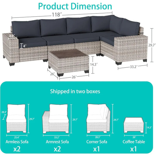 6-Piece Outdoor Patio Furniture Set Wicker Sectional Sofa Set, Patio Conversation Set with Thickened Cushions & Coffee Table for