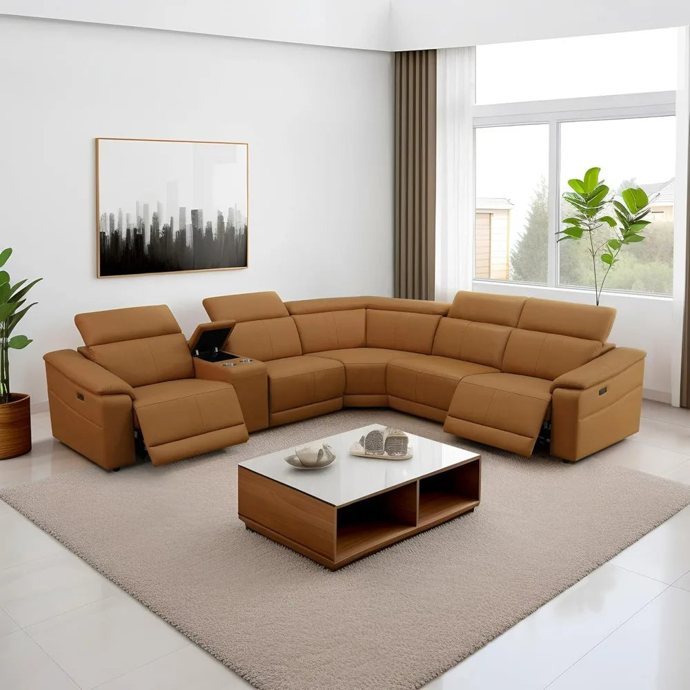 Power Recliner, Light Brown Reclining Sectional Sofa with USB Ports,5-Seater Leather Reclining Couch with Console and Cup Holder