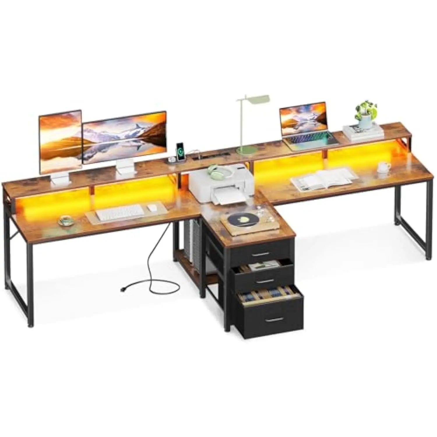 94 Computer Desk with Fabric Drawer & File Cabinet- 2 Person Home Office Desk with Power Outlet & LED Light, Long Writing Desk