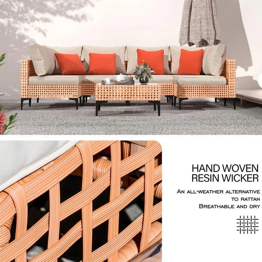 5 Piece Outdoor Patio Furniture Set Modular Outdoor Furniture Set Wicker Outdoor Sectional Sofa with Cushions and Table Patio