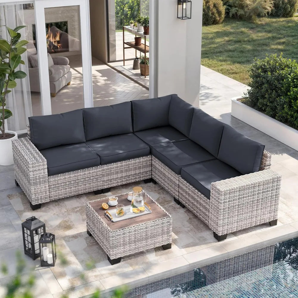 6-Piece Outdoor Patio Furniture Set Wicker Sectional Sofa Set, Patio Conversation Set with Thickened Cushions & Coffee Table for