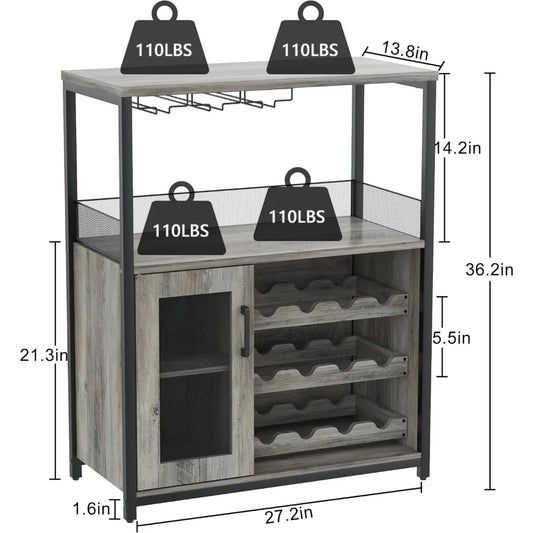 Wine Bar Rack Cabinet with Detachable Wine Rack, Bar Cabinet with Glass Holder, Small Sideboard and Buffet Cabinet with Mesh Doo