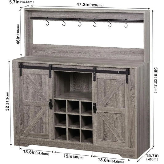 Coffee Bar Cabinet, 47" Farmhouse Kitchen Wine Bar with 6 Hooks, Sliding Barn Door and Adjustable Shelves, Liquor Bar Cabinet w