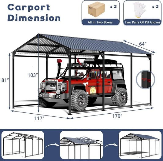 Carport Canopy 10x15 Heavy Duty,Metal Carport with Reinforced Structrure and Base,Outdoor Garage Car Shelter Frame for Pickup,