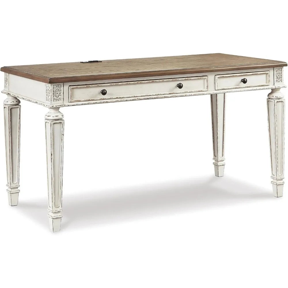 Signature Design by Ashley Realyn Farmhouse 60" Home Office Desk with USB Charging, Chipped White