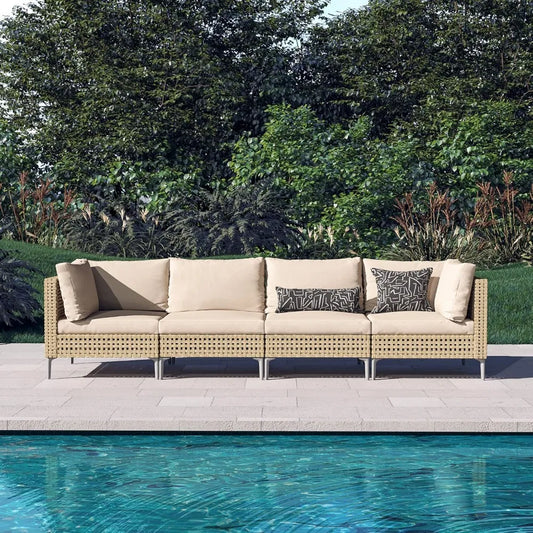 4-Piece Wicker Patio Furniture Set, Boho Outdoor Sectional Sofa with Water Resistant Thick Cushions, Beige Garden Furniture Sets