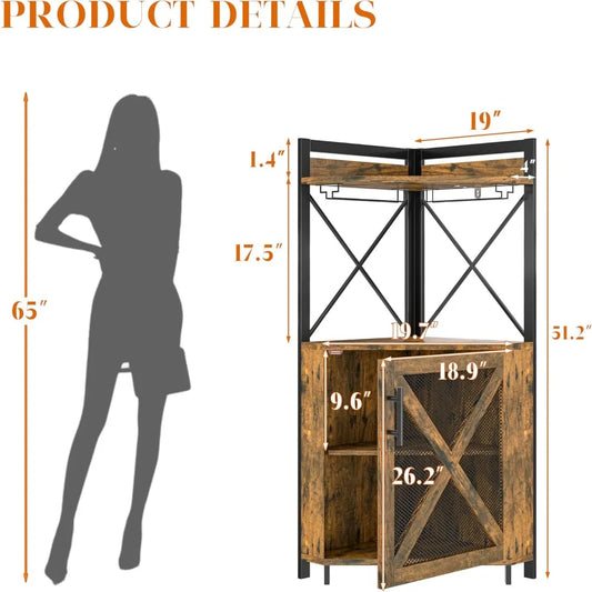 Corner Bar Cabinet with Storage, Wine Cabinet with Glass Holder, Metal Mesh Door & Adjustable Shelf, Liquor Cabinet Bar for Home