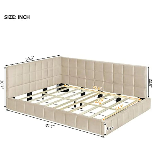 Full Corner Daybed,L Shaped Day Bed with Upholstered Armrest,Modern Velvet Sofa Bed Frame,No Box Spring Needed(Beige)