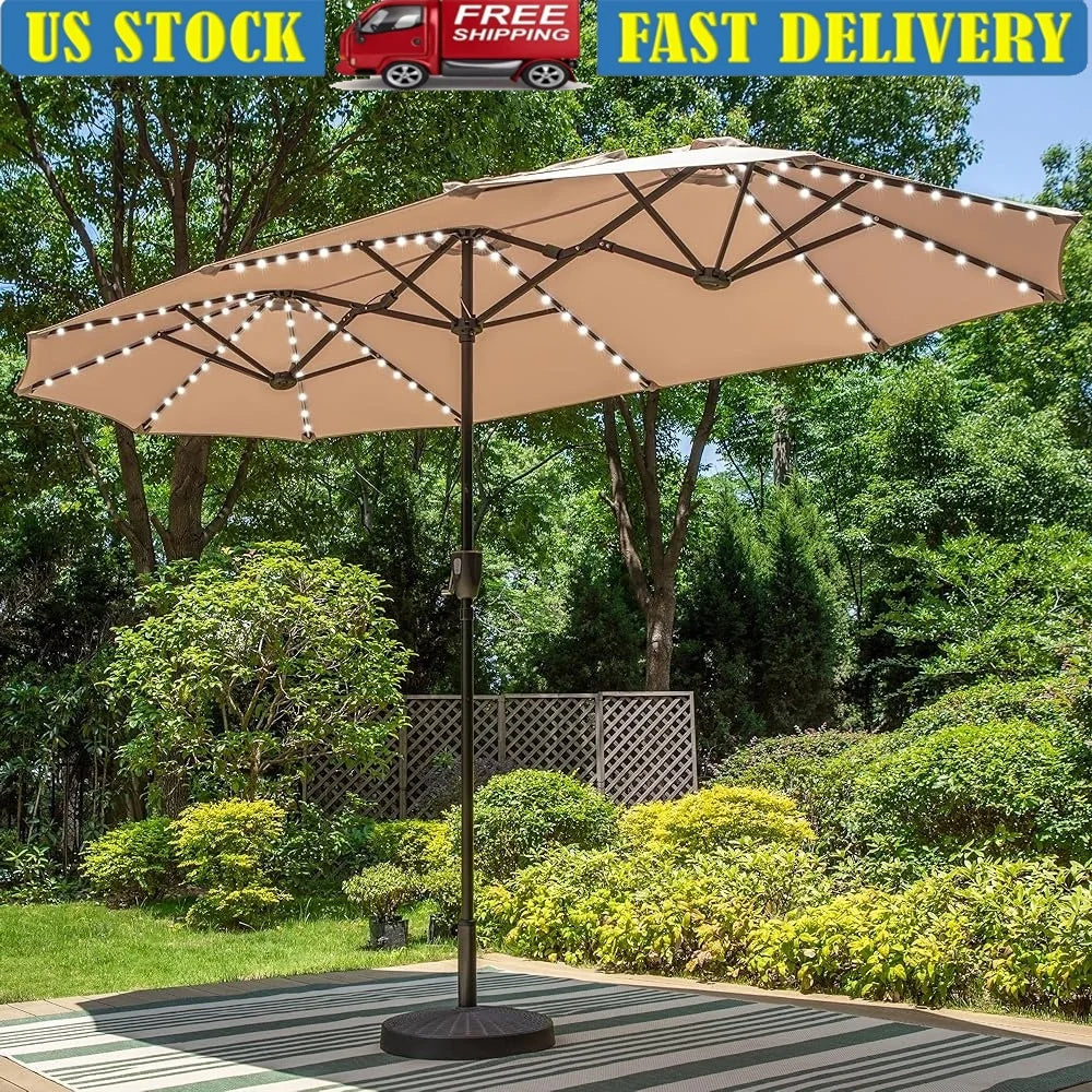 13ft Double-Sided Patio Umbrella with Solar LED Lights Durable Outdoor Market Umbrella UV Resistant Canopy Garden Beach