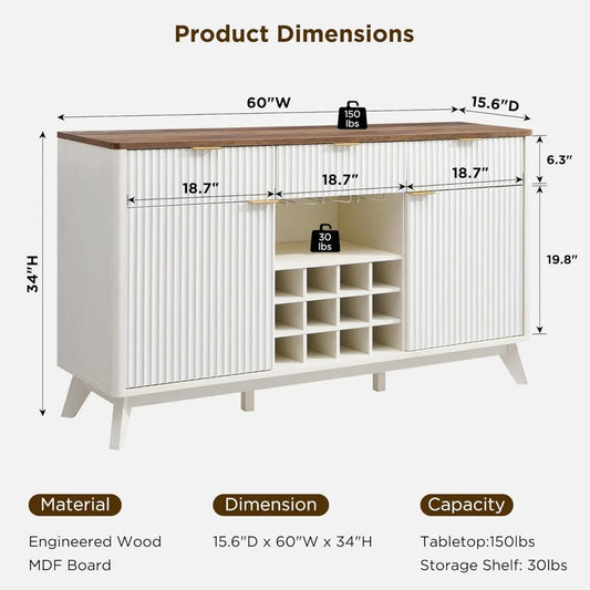 Fluted Wine Bar Cabinet for Liquor, 60" Modern Coffee Bar Cabinet w/Wine & Glass Rack, Large Buffet Sideboard w/ 3 Storage D