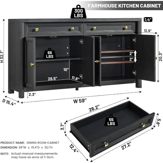 Farmhouse Buffet Cabinet with Drawers, Large Sideboard Buffet Credenza Storage Cabinet with Shelves & 4 Doors, Wood Rustic