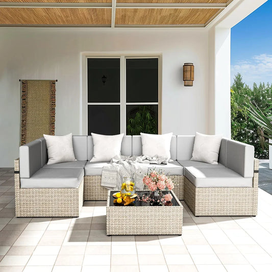 Patio Furniture Set,7 Pieces ModularOutdoorSectional,Wicker Patio Sectional Sofa Conversation Set, Rattan Sofa with Coffee Table