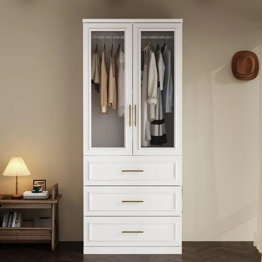 3 Framed Drawers & 2 Glass Doors, Modern Wooden Armoire, Clothes Storage Cabinet Organizer for Bedroom Apartment, White