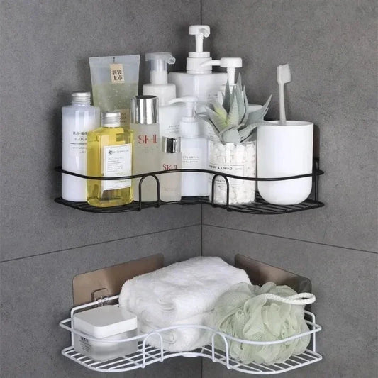 Bathroom Corner Triangle Shelf  Wall Mounted Storage Shelves Shampoo Holder Cosmetic Rack Iron Shower Drain Basket Organizer