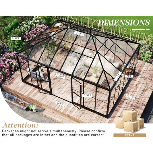 16x12x9.5 FT Pavilion Styled Greenhouse with Clear Panels Double Swing Doors, 4 Vents Hybrid Polycarbonate Greenhouse, Green Ho