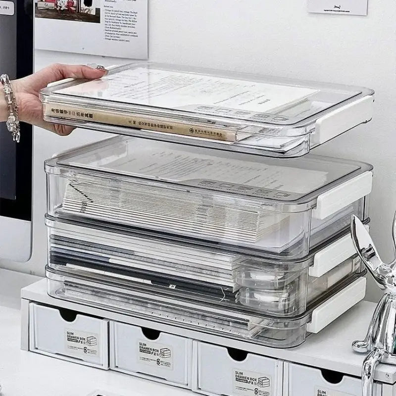 Desktop File Storage Box A4 Document Organizer Case With Lid Stackable Stationery Storage Box Cabinet Desk Clear Container