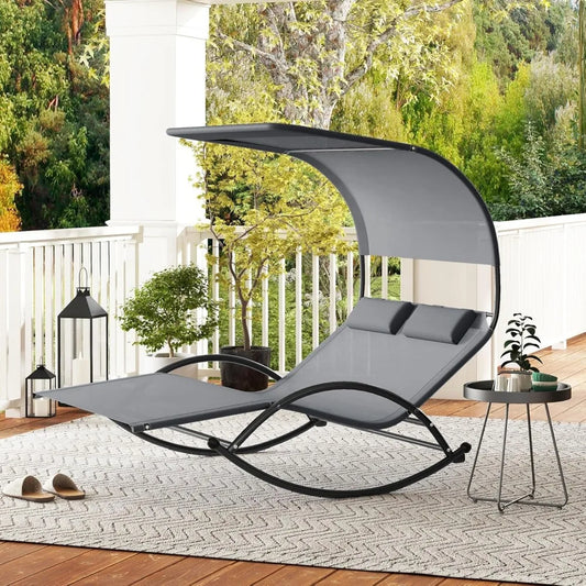Outdoor Chaise Lounge Rocker, 2-Person Rocking Daybed Sun Lounger with Sun Shade Canopy & Headrest Pillows, Hammock Bed Loveseat